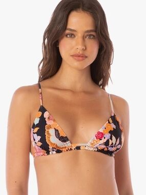 Maaji Black Floral Triangle Bikini Top with Orange Pink Accents